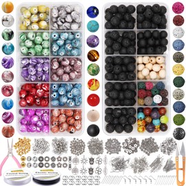 EuTengHao 1146Pcs Lava Beads Round Loose Marble Beads Ink Patterns Chakra Beads with Spacer Beads Pendants Jewelry Findings for Adult DIY Bracelet Necklace Earring Jewelry Making Crafts