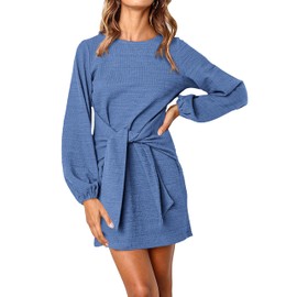 PRETTYGARDEN Women's Elegant Long Lantern Sleeve Short Dress Crewneck Tie Waist Knit Cocktail Dress (Light Blue,X-Large)
