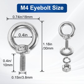 SRZTXU 12 Pack M4 Stainless Steel Eye Bolts with Nuts Washers, 0.39"（10mm） Thread Length - Eyebolts for DIY, Furniture, Swing, and Outdoor Use (12, M4 x 10mm)