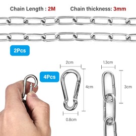 Vegena Stainless Steel Chain Hanging Chair Chain 2 Pieces 2 Metres Steel Chain Diameter 3 mm Round Steel Chain with Carabiner Stainless Steel for Swings Hanging Chair Hammocks Sandbags Flower Pots