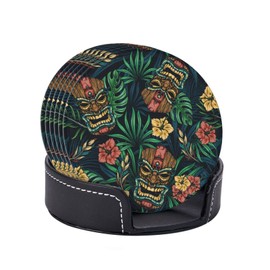 Famame 6 Pcs Hawaiian Tiki Tropical Leaves Leather Coasters for Drinks with Holder Coaster Sets Drink Table Cup Coasters for Living Room Kitchen Coffee Decor