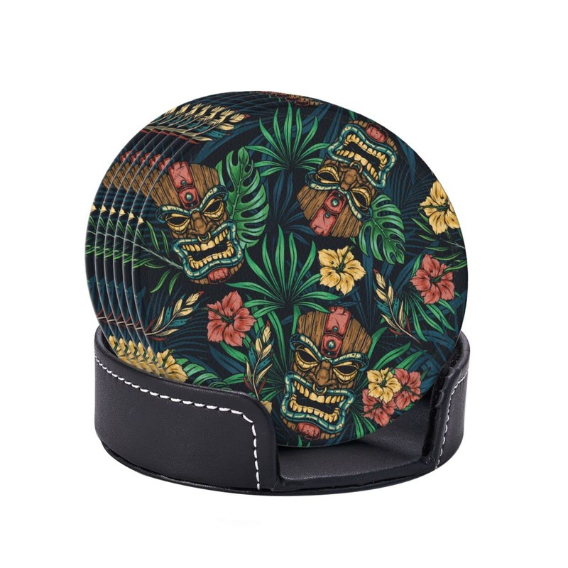 Famame 6 Pcs Hawaiian Tiki Tropical Leaves Leather Coasters for