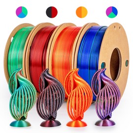dikale Silk 3D Printing Filament PLA+ Tricolor and Dual Color 4-Pack Bundle - 1.75mm 3D Printing PLA Pro 250g x 4 Spools, Rose Red&Sky Blue&Green, Rose Red&Dark Blue&Green, Gold&Red, Black&Red