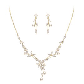 EVER FAITH Wedding CZ Jewelry Set for Women, Marquise Cream Simulated Pearl Floral Vine Necklace Earrings Clear Gold-Tone