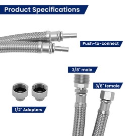 Solimeta Push-To-Connect Stainless Steel Hose Kit for Under Sink Water Filter, 3/8" Male/Female with 1/2" Adapters, 2.5FT
