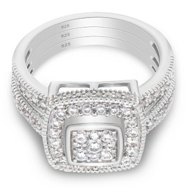 SAVEARTH DIAMONDS 1 Carat Round Cut Lab Created Moissanite Diamond Square Cluster Engagement Trio Ring In 14K White Gold Over Sterling Silver Wedding Ring Band Set(VVS1 Clarity, 1 Cttw)-7.5