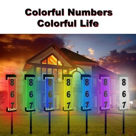 Solar House Number, Solar Address Number with 3D Acrylic Number Iron Stakes Colorful light Remote Control, Lighted Modern Address Sign Solar Powered for outside Home Yard Street