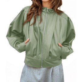 Yousify Womens Faux Leather Bomber Jackets Cropped Pleated Zip Up Moto Coats Trendy Casual Outerwear with Pockets