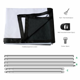 Foldable Projector Screen 70 inch with Lightweight Telescopic Pole Frame Wall Mounted Anti-Crease Black Backing Silver Portable Projection Screen