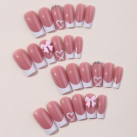 French Pink False Nails - 24PCS Long French Tip False Nails - Heart Bowknot Pattern FalseNails with Glue - Long Lasting Water Pipe Type Press on Nails Home DIY Gifts for Women