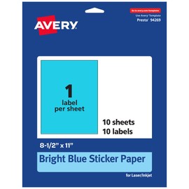 Avery Printable Sticker Paper, 8-1/2" x 11", Full-Sheet Labels, Bright Blue Labels, Laser/Inkjet Printable, 10 Total, Great for Packaging and Stickers
