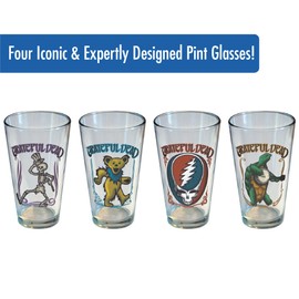 ICUP Grateful Dead Retro Pint Glass Set 4 Pack (terrapin, stealie, bear, skeleton), 16 oz