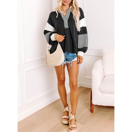 BLENCOT Oversized Sweatshirt For Women Contrast Striped Patchwork Sleeve Collar Neck Comfort Colors Pullover Workout Split Sweater Autumn Tops Black Medium