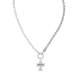 Delight Jewelry Silvertone Faith Flat Cross Stronger Braver Smarter Mixed Cable and Imitation Pearl Chain Choker Necklace, 14.75-17"
