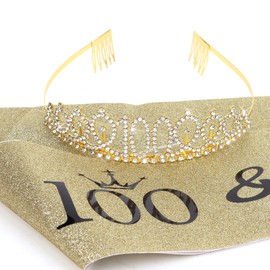 KEUKORZ 100&Fabulous Gold Crown Tiara and Sash Set for Women, Gold Rhinestone Birthday Princess Headband & Glitter Sash for Birthday Party Queen