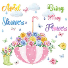 66Pcs April Showers Bring May Flowers Bulletin Board Decorations, Spring Bulletin Board Decorations for Classroom, Spring Flower Umbrella Bulletin Board Décor, Back to School Party Supplies