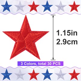 PAGOW 30 Pcs Star Iron on Patch, 1 Inch Sew on Star Embroidered Patches, Iron on Patches Embellishments for Clothes, Hats, Jackets, Backpacks, Star Decor, Appliques Decoration (Red+White+Blue, 1")