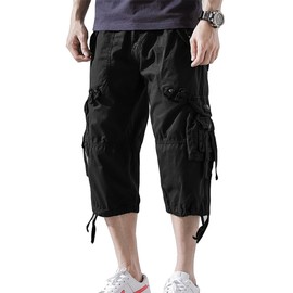 AOYOG Men’s Cargo Shorts 3/4 Relaxed Fit Below Knee Capri Cargo Pants Cotton Black