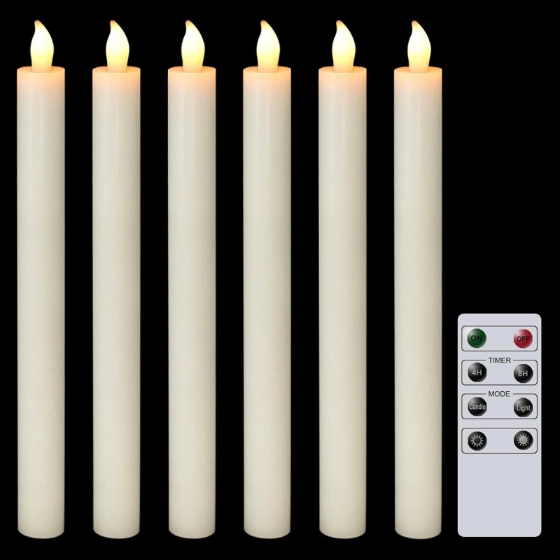 Ivory Flameless Taper Candles with Remote and Timer 6 Pack