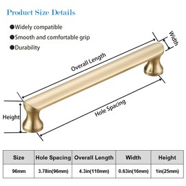 DYLIUM Gold Cabinet Handles 10 Pack 3-3/4 Inch (96mm) Hole Spacing Gold Drawer Pulls, Brushed Brass Cabinet Pulls and Gold Kitchen Cabinet Handles