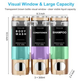 FEULAM Shampoo and Conditioner Dispenser, Shower Soap Dispenser 3 Chamber No Drill, Wall Mounted Shampoo Dispenser for Shower with Label, Body Wash Dispenser with Toothbrush Holder and Soap Dish Gold