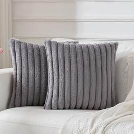 BBiggood Grey Throw Pillow Covers 18x18 Set of 2, Soft Cozy Velvet Striped Decorative Cushion Covers Faux Rabbit Fur Pillow Covers, Home Decor Pillow Covers for Couch Sofa Livingroom.