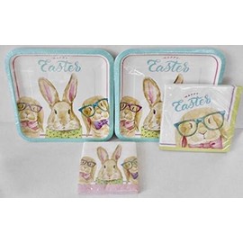 'Happy Easter' Sweet Bunnies in Glasses Paper Plates & Napkins Bundle