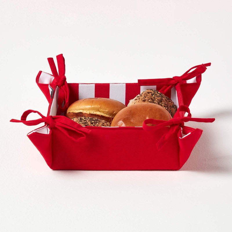 HOMESCAPES Reversible Bread Basket Double Design Fabric Red Striped Pattern