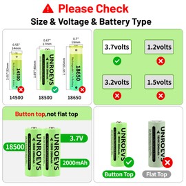 UNROEVS 2 Packs 18500 Rechargeable Battery with Button Top,3.7V 2000mAh INR 18500 High Capacity Li-ion Battery for Flashlights,Solar Garden Lights. (2, Button Top)