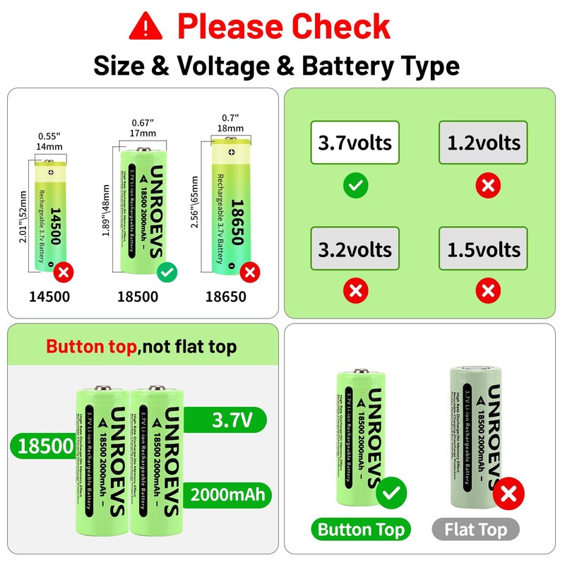UNROEVS 2 Packs 18500 Rechargeable Battery with Button Top,3.7V 2000mAh
