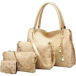 Women Fashion Handbags set 4 count PU Leather  Bags Tote Bags Wallets Butterfly Chain Accessories - Color: Gold