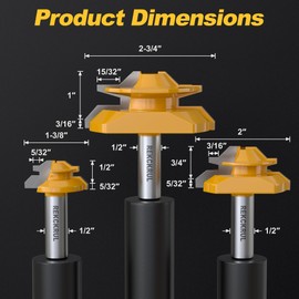 REKCKRUL 3 PCS Professional 45 Degree Lock Miter Router Bit Set - Carbide Tipped, 1/2" Shank, Cutting Height: 1/2", 3/4", 1", Woodworking Tools for Cabinets, Drawers, Doors & Furniture