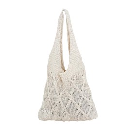 Stizimn Crochet Tote Bag Beach Mesh Knitted Bag Large Aesthetic Shoulder Bag Handbags Hippie Bag Hollow Hobo Bag for Women, Beige, Bow Style