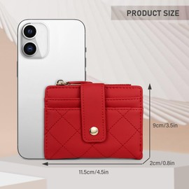 AdiStylinno Wallet for Women, Rhombus Leather Credit Card Holder Bifold Wallet, Small Compact Purse with Zip Coin Pocket (Red)