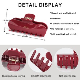 4 Inch Hair Claw Clips for Women - Strong Hold Non-Slip Hair Clips for Thick Hair, Premium Acetate Tortoise Shell Hair Clip French Barrettes (Ruby Red)