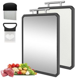Double-Sided Stainless Steel Cutting Board for Kitchen, Scratch-Resistant Large Chopping Board with Juice Groove, Non-Toxic Cutting Board Non-Slip, Includes Onion Holder & Crinkle Cutter
