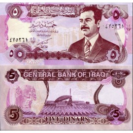 Iraq 5 Dinars 1992  Saddam Hussein Emergency Print Banknote - aUNC - 1 note