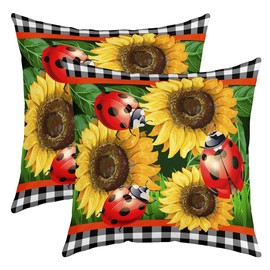 Manfei Cute Ladybug Cushion Covers Set of 2 Yellow Sunflower Rustic Plant Throw Pillow Covers for Outdoors Chair Office Black White Geometric Grid Cushion Case for Bedroom Car Party Couch,16"X16"