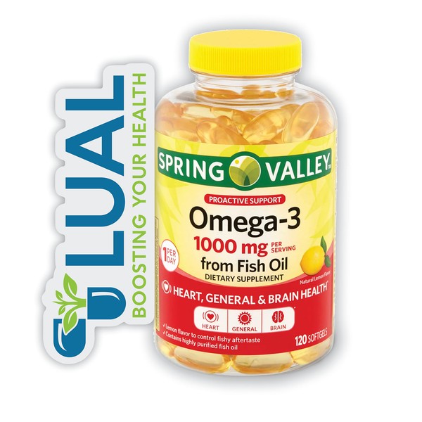 Essential Omega-3 Support for Heart, General, and Brain Health. Includes Luall Sticker + Omega-3 Spring Valley 1000mg Fish Oil 120 Soft Gels