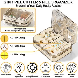 Pill Cutter Splitter for Tiny Small Large Pills - 1/2 1/3 1/4 Pill Splitter with Storage for Multiple Pills Cutting - Accurate Alignment Adjustable Pill Organizer