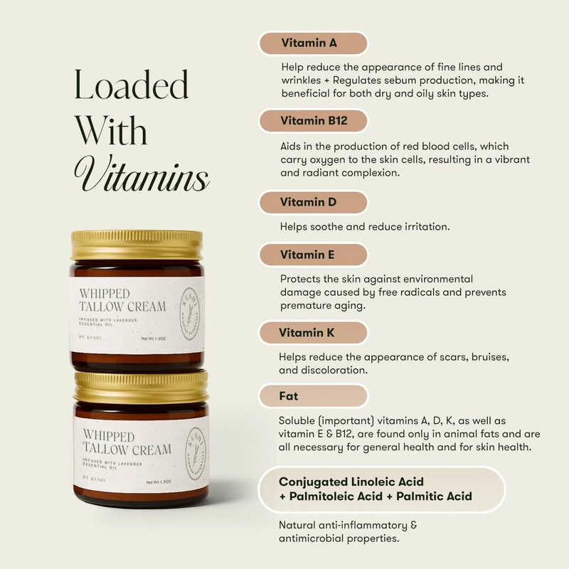 KUSHI Grass-Fed Whipped Tallow Cream Moisturizer for Face & Body