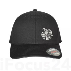 Flexfit Odin's Raven Viking Embroidery Logo Fitted Flex Fit Hat Celtic Norse Cap - Red on Black, S/M
