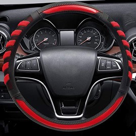 NICEASY Sport Style Dark Red Leather Steering Wheel Cover,Black Sport Grip Steering Wheel Cover,Universal Fit 14.5-15.25 inch Steering Wheel