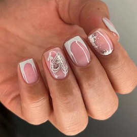 IMRAIN Valentine's Day Press on Nails Short Square Fake Nails with Silver Glitter Designs White French Tips False Nails Full Cover Artificial Glue on Nails for Women Girls 24Pcs