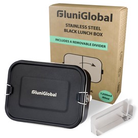 FLUNIGLOBAL Stainless Steel Lunch Box for Adults | 40 oz | Leak Proof with Silicone Locks | Eco-friendly Metal Lunch Box Container for Travel | Removable Divider | Black