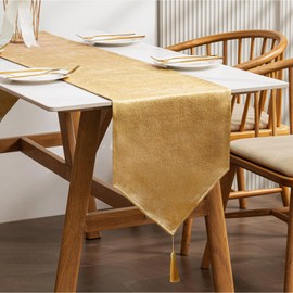 BALCONY & FALCON Table Runner with Tassels Machine Washable Luxury Home Decorative Dresser Scarves for Dining Party Banquets Wedding Birthday 14 x 51 inch, Gold