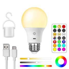 USB C Bombilla Recargable Con Control Remoto, Bombilla Inteligente RGB, 9+3 Temperatura de Color, LED Regulable Bombilla Control Táctil con Función de Cronometraje, 2600mAh, 8W, A19, E26,1 pack