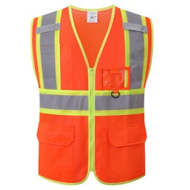 LaienSafety Reflective Safety Vest for Men Women with Multiple Pockets Class 2 High Visibility Mesh Vest Hi Vis Construction Work Vest,Meets ANSI/ISEA Standards(EK1-178-Orange-L)