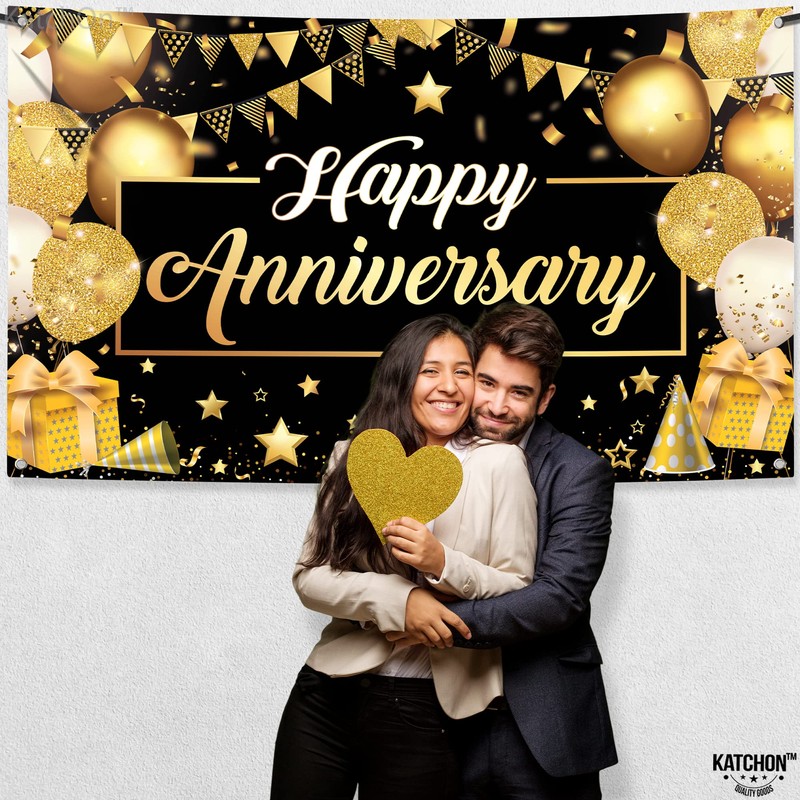KatchOn, Happy Anniversary Banner Black and Gold - XtraLarge, 72x44
