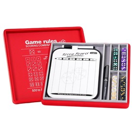 AUSIIBTO Dice Tray and Storage Case for Farkle Game - Includes Embedded Scoring Combinations, 4 Sets of 6 Pearl Dice, 50 Sheet Score Pad and Pen Holder for The Classic Family Game - Red and Grey